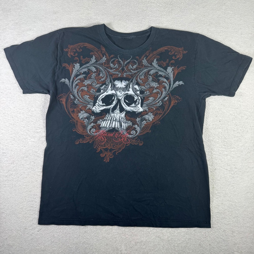 Miami Ink Graphic Tee Mens Large Black Excellent Skull Filigree Tattoo Art